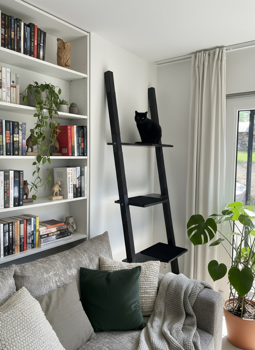 Schwarzer Design-Kratzbaum H-Tree H3 aus lackiertem Echt-Holz mit schwarzem Sisal, neben Bücherregal und Sofa im modernen Wohnzimmer – schwarze Katze sitzt auf der oberen Plattform