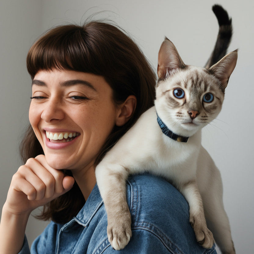 Lachende Frau mit einer Katze auf der Schulter – harmonisches Porträt von Mensch und Tier, zeigt Vertrauen, Nähe und Lebensfreude im modernen Zuhause