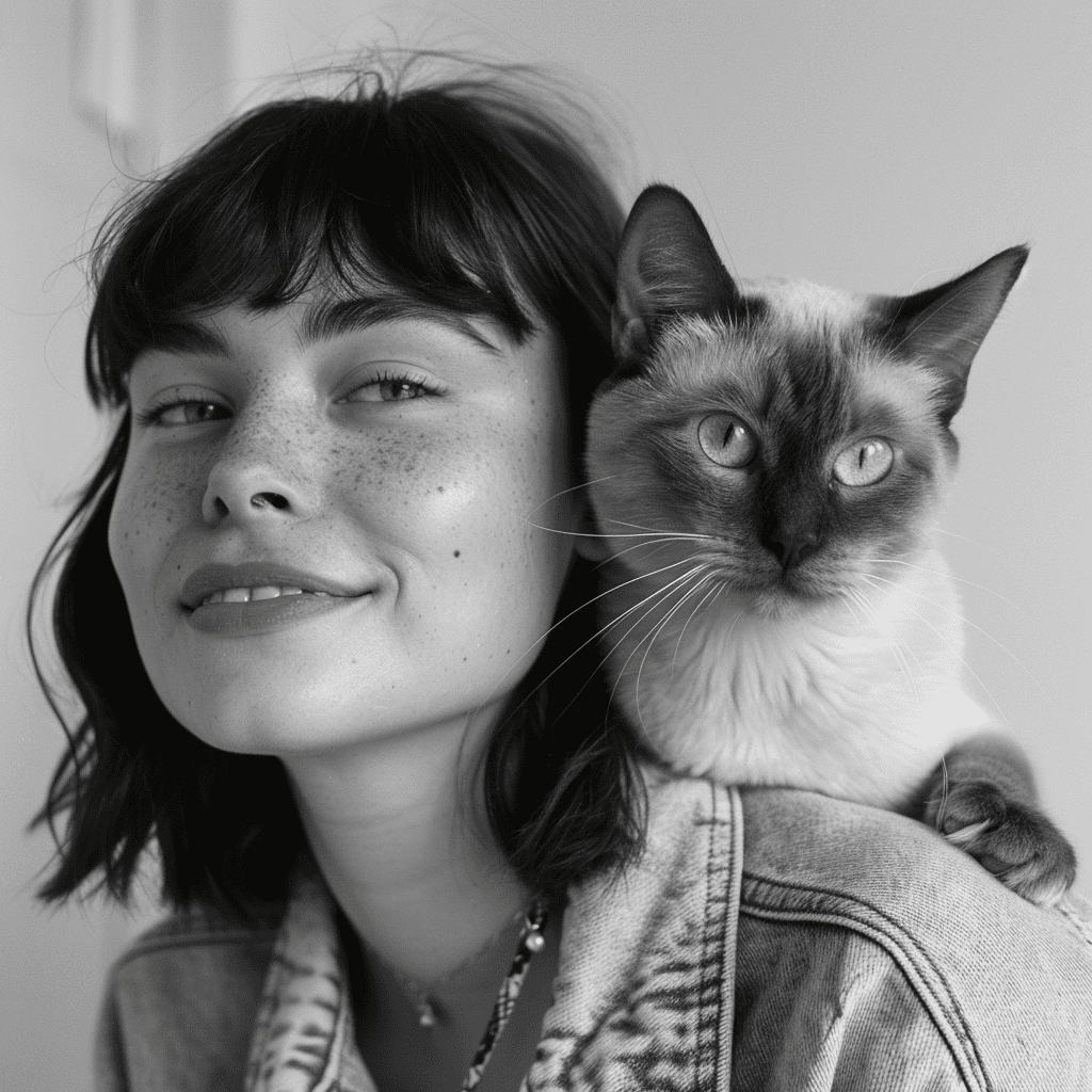Schwarz-weiß-Porträt einer Frau mit kurzer, dunkler Frisur und Sommersprossen, lächelnd mit einer Katze auf der Schulter – natürliche, ruhige Stimmung, symbolisiert die Verbindung zwischen Mensch und Tier