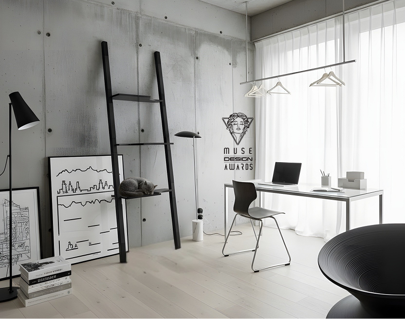 Minimalistisches Arbeitszimmer mit H-Tree Design-Kratzbaum aus lackiertem Echt-Holz in Schwarz – Katze ruht auf der Plattform, modernes Interieur mit klaren Linien und natürlichem Licht