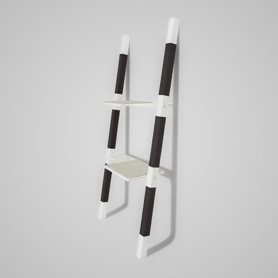 H2 Design-Kratzbaum aus lackiertem Echt-Holz in Weiß mit schwarzem Sisal – Ansicht von rechts, minimalistisches Katzenmöbel