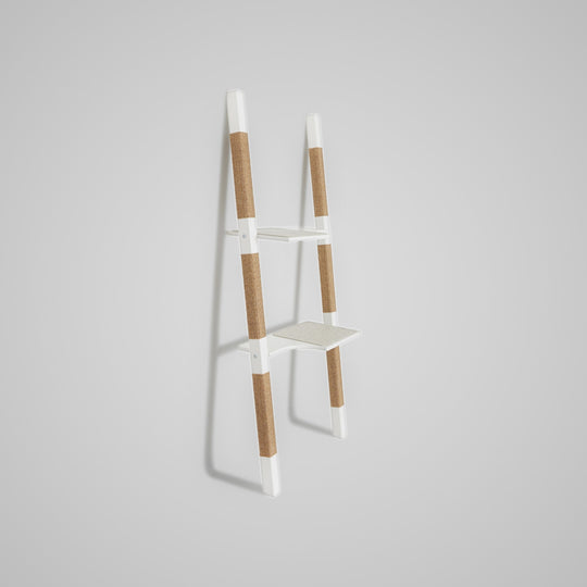 H2 Design-Kratzbaum aus lackiertem Echt-Holz in Weiß mit naturfarbenem Sisal – Ansicht von links, modular und leicht