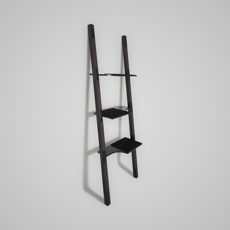 H3 Design-Kratzbaum aus lackiertem Echt-Holz in Schwarz mit schwarzem Sisal – Ansicht von links, architektonische Ruhe