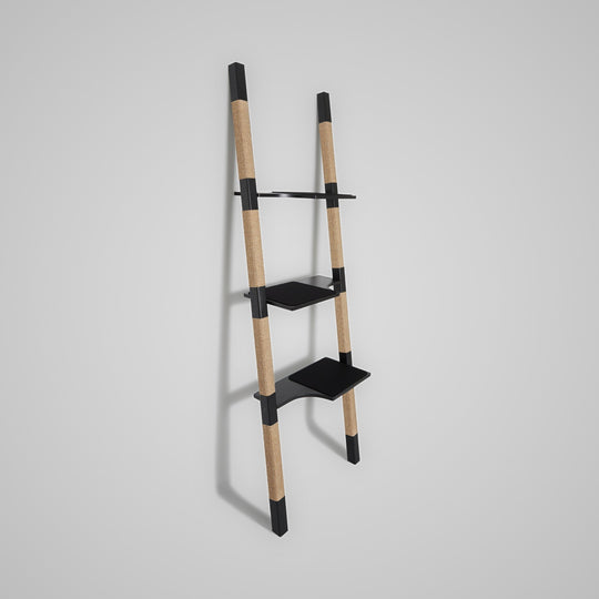 H3 Design-Kratzbaum aus lackiertem Echt-Holz in Schwarz mit naturfarbenem Sisal – Ansicht von links, zeitlos und stabil