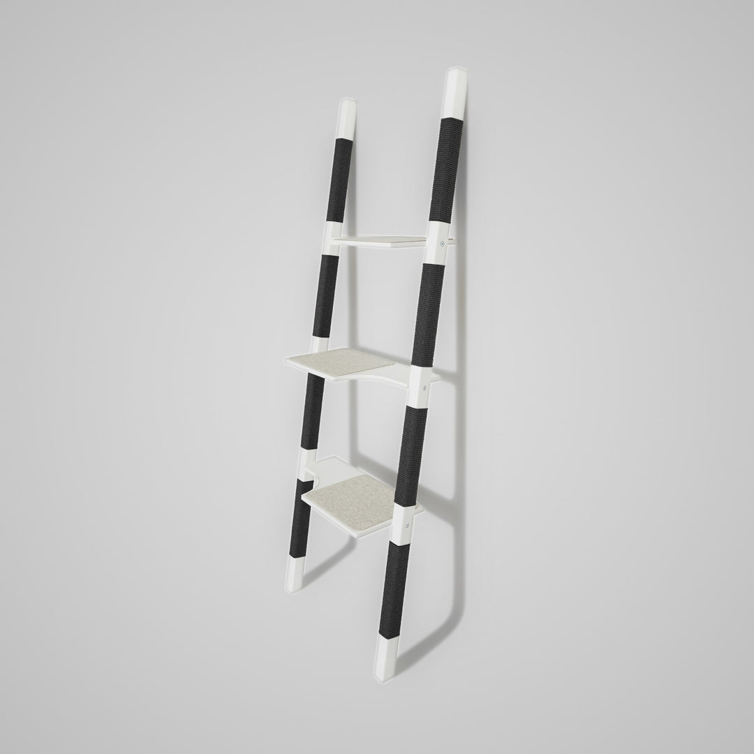 H2 Design-Kratzbaum aus lackiertem Echt-Holz in Weiß mit schwarzem Sisal – Ansicht von rechts, minimalistisches Katzenmöbel