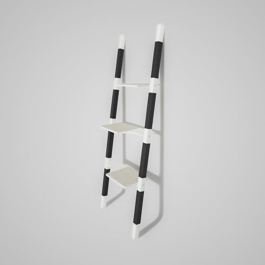 H2 Design-Kratzbaum aus lackiertem Echt-Holz in Weiß mit schwarzem Sisal – Ansicht von rechts, minimalistisches Katzenmöbel