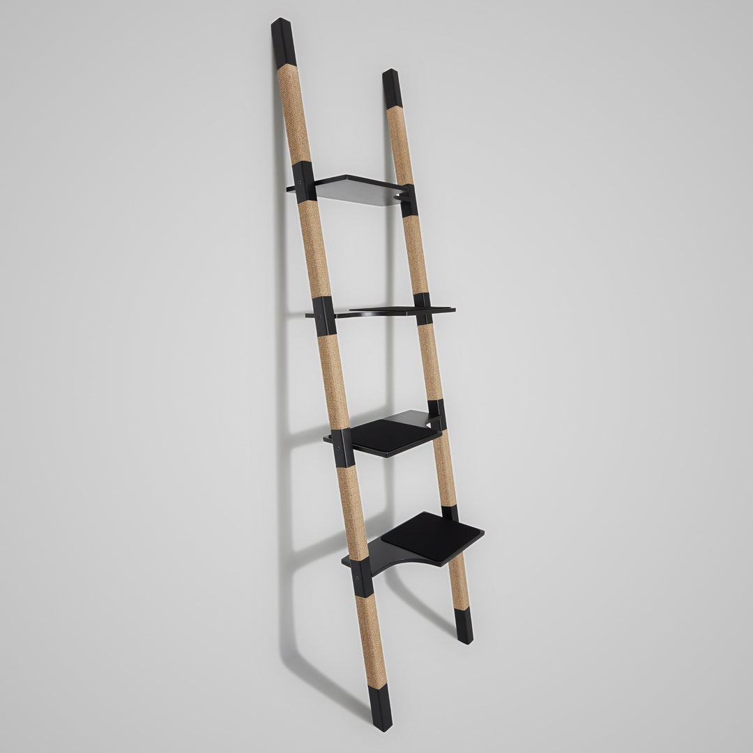 H4 Design-Kratzbaum aus lackiertem Echt-Holz in Schwarz mit naturfarbenem Sisal – Ansicht von links, ruhige Eleganz und stabile Silhouette