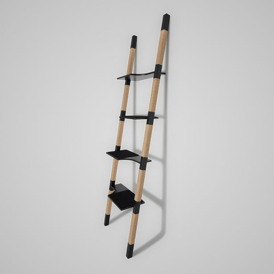 H4 Design-Kratzbaum aus lackiertem Echt-Holz in Schwarz mit naturfarbenem Sisal – Ansicht von rechts, zeigt die feine Materialstruktur