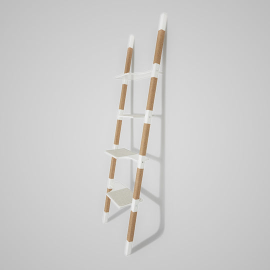H4 Design-Kratzbaum aus lackiertem Echt-Holz in Weiß mit naturfarbenem Sisal – Ansicht von rechts, elegantes Design mit Balance