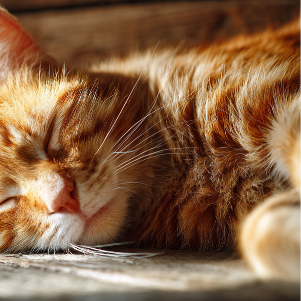 Detailed close-up of a ginger cat lying on its side with eyes closed, whiskers visible, resting in warm natural light.
