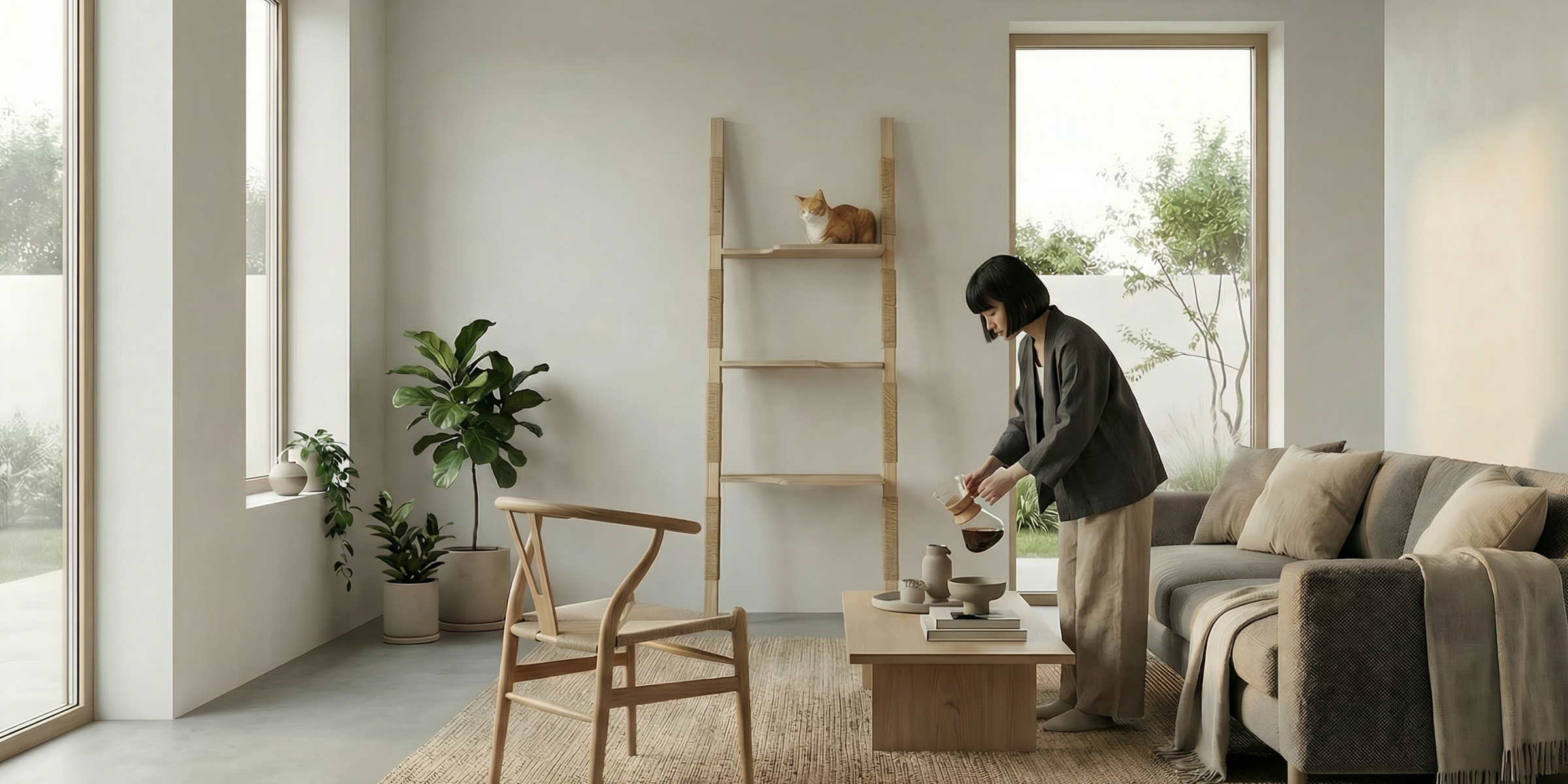 Bright neutral living room with a sofa, wooden furniture, indoor plants, and a person making coffee at a table while a cat lounges on a tall wooden H-Tree cat ladder by the window.