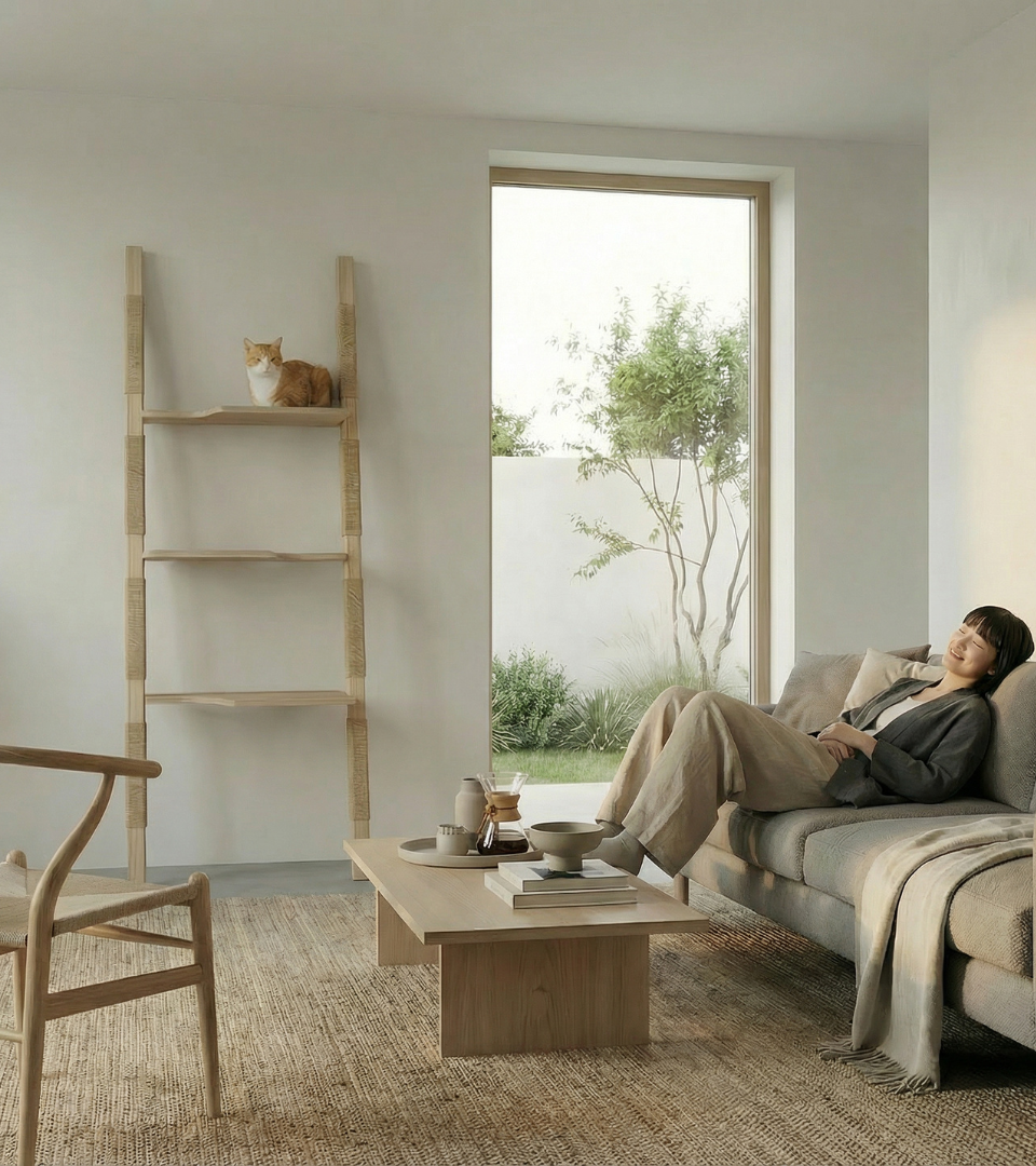 Bright living room with neutral tones, a person reclining on a sofa, and a cat perched on a tall natural wood wall-mounted H-Tree near a large window.