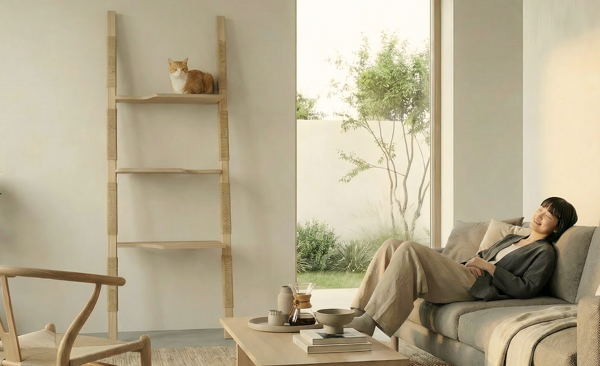 Bright living room with neutral tones, a person reclining on a sofa, and a cat perched on a tall natural wood wall-mounted H-Tree near a large window.